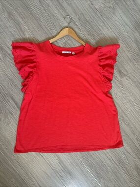 Coral Red Top with Eyelet Flutter Sleeves